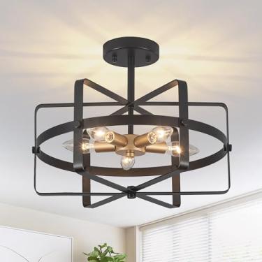 Imagem de QMNHAU Luminária de teto de 5 luzes Farmhouse, montagem semiembutida, 30 cm, moderna, preta e dourada, luminária industrial para entrada, corredor, hall de entrada, sala de jantar, cozinha, quarto