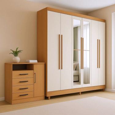 Imagem de Guarda-Roupa Casal com Espelho 6 Portas e Cômoda 4 Gavetas com Porta e Nicho Apolo Freijó / Off White