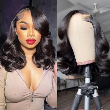 Imagem de Zojj Peruca frontal de 30 x 15 cm, cabelo humano, 30,5 cm, cabelo humano, densidade 180, ondulado, HD, transparente, peruca de renda pré-arrancada, sem cola, para mulheres