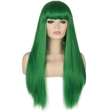 Imagem de morvally Peruca feminina de 66 cm de comprimento, lisa, verde, resistente a sintéticos, com franja, aparência natural, para mulheres, cosplay de Halloween