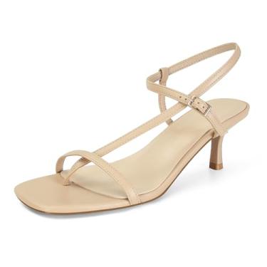 Imagem de SOVANYOU Sandália feminina de salto gatinho com tiras quadradas, bico aberto, chinelo com tira no tornozelo, Nude., 40