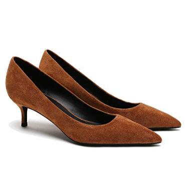 Imagem de MOOMMO Sapatos de salto gatinho bico fino cetim slip on 5 cm salto médio sapatos sociais clássicos para escritório senhoras casamento festa de casamento 4-13 M EUA, Camurça marrom, 35