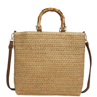 Imagem de Ansseng Bolsas transversais para mulheres, bolsa de praia de tecido de palha 2025, bolsas artesanais de verão, com alça de imitação de bambu, Caqui, Bolsa de praia de palha