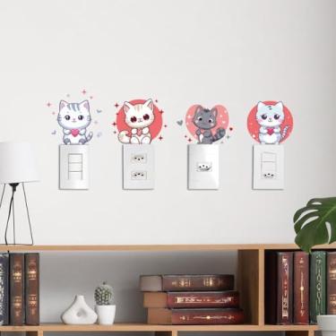 Imagem de Adesivo para Tomada Gatos 08 Jardim Fofo Colorido Kit 4 para Interruptor e Tomada Decoração de Parede Quarto Sala Cozinha Fácil Aplicação