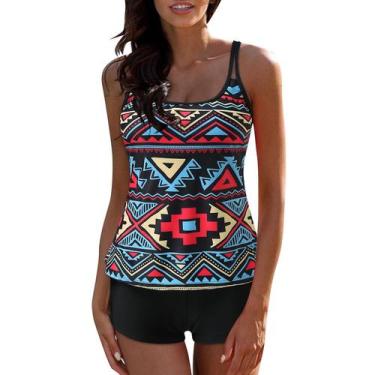 Imagem de Conjunto de tanquíni feminino com estampa conservadora com tiras nas c