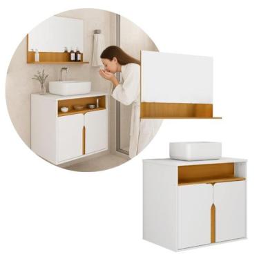 Imagem de Kit Gabinete Banheiro 60cm c/ Cuba de Resina e Espelho MDP - Harmonia,