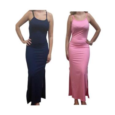 Imagem de KIT C/2 Vestidos Longo Canelado com Fenda - Emporio J, Marinho, Rosa b