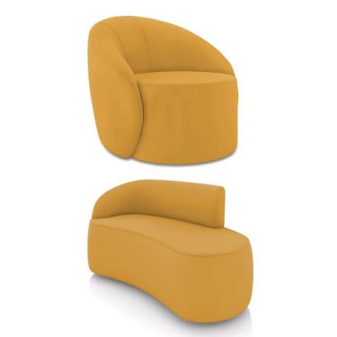 Imagem de Sofá 2 Lugares Orgânico 140cm Morgan e Poltrona Lua Veludo Mostarda D03 - D'Rossi