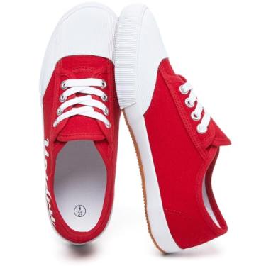 Imagem de Uoidru Tênis feminino clássico branco de lona retrô com cadarço tênis de cano baixo casual para caminhada antiderrapante, Vermelho e branco., 35
