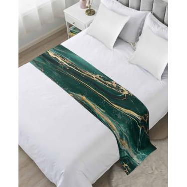 Imagem de ZFUNCING Camas de cama com textura de pedra de mármore abstrata para quarto de hotel, cachecol decorativo de cama listrado dourado verde cobertor de cama para cama queen size, 238 x 50 cm