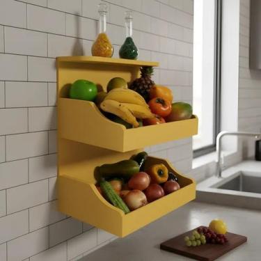 Imagem de Fruteira Suspensa de Parede com Painel Porta Legumes Cozinha em Madeir