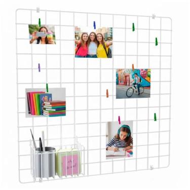 Imagem de Memory Board Painel Fotos Tela Aramada 60x60 com Cesto 17cm Prendedore