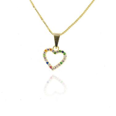 Imagem de Colar Pingente Coração De Zircônias Coloridas Sortidas Folheado A Ouro 18k