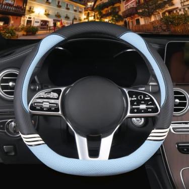 Imagem de Binsheo Capa de volante fofa em forma de D de 35,5 cm para mulheres e homens, couro sintético e fibra de carbono, preto e azul