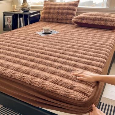 Imagem de Capa de colchão elástica Lençol de elástico grosso macio com bolso profundo colcha quente decoração de cama confortável capa de cama respirável para a pele - marrom||120 x 200 cm/(119.9 cm x 199.9 cm)
