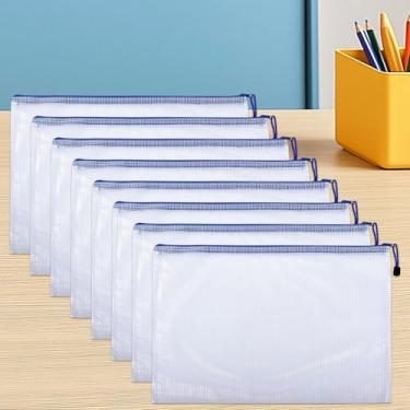 Imagem de 8 peças bolsa de malha com zíper, bolsa de plástico para documentos A6, pasta de arquivos à prova d'água com zíper para viagens, armazenamento de escritório, branco