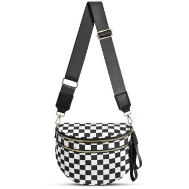 Imagem de Bolsa transversal de nylon quadriculada para mulheres, pochete espaçosa, bolsa transversal quadriculada para cinto, Xadrez preto, 12.2 x 5.51 x 8.66 inches, Moderno