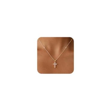 Imagem de Amicon Colar feminino com cruz de ouro delicado banhado a ouro 14 K com pingente de cruz de diamante simples, colares de cruz com pingente de fé, joias modernas, presentes, Latão, Sem Pedra Preciosa