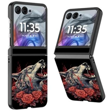 Imagem de WZCJDHMJ Capa para Motorola Razr 2025/2024, fina, fina, rígida, policarbonato, antiarranhões, capa protetora à prova de choque para Moto Razr 50-Rose e Lobo rugindo