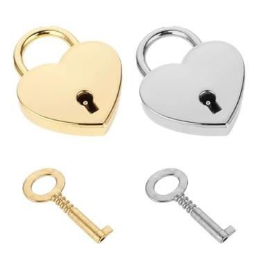Imagem de Pacote com 2 minicadeados em forma de coração com chave, cadeados de metal em forma de coração, cadeado pequeno para diário, cadeado dourado e prata para colar, caixa de joias, cadeados de livros