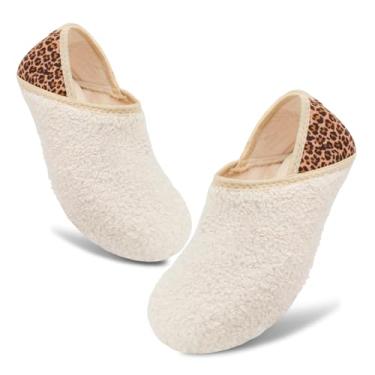Imagem de Pantufas femininas masculinas felpudas, meias de borracha, sola de borracha, macias, leves, antiderrapantes, internas/externas, Leopardo bege, 12.5-13 Women/12-13 Men