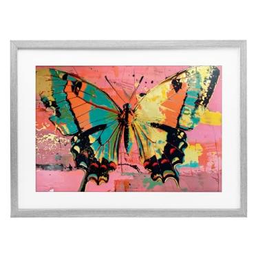 Imagem de Stupell Industries Borboleta retrô sobre impressão emoldurada abstrata rosa branca sob vidro, design por LSR Design Studio, 35,5 x 50,8 cm