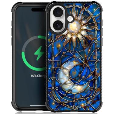 Imagem de WANKBLC Compatível com iPhone 17 Capa magnética à prova de choque protetora para homens mulheres antiderrapante para iPhone 17 Crazy Pattern Golden Sun Moon Blue Vitral