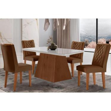 Imagem de Sala De Jantar Completa Luna C- Tampo Madeirado Vidro Canto Curvo 120x80cm E 4 Cadeiras Jade Imbuia-off White - Suede Marrom - Rufato