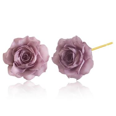 Imagem de unixmoment Brincos delicados de acrílico com flor de rosa murcha camélia, brincos florais estéticos para mulheres, Tiny, Resina, Sem pedra preciosa