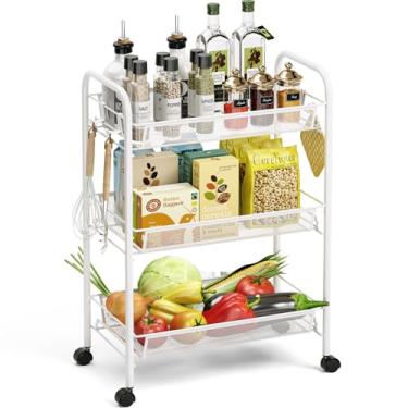 Imagem de TOOLF Carrinho de rodinhas de metal de 3 camadas, carrinho utilitário de montagem fácil de arame, carrinho de armazenamento sobre rodas com 3 ganchos, prateleiras de armazenamento de metal para