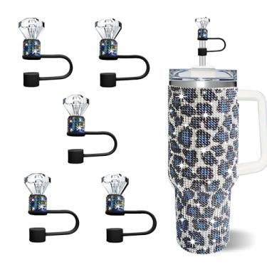 Imagem de JIASHEBDE Conjunto de 5 peças de capa de canudo de diamante brilhante, topo de palha de strass duplo para copos Stanley de 30 e 1,134 g, acessórios de tampa de 1 cm para canudos de 10 mm (cor preta B)