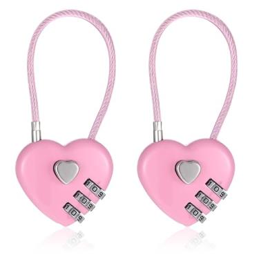 Imagem de 2 cadeados, combinação de cadeado, cadeado de 3 dígitos em forma de coração com código, fechaduras de coração rosa para mochilas, armário de academia, travas de viagem para mala