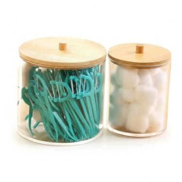 Imagem de Porta Cotonete Acrílico com Tampa Bambu Alta Durabilidade, Vedação e Armazenamento Eficiente (Kit 2 Sortido (1 P + 1 M))