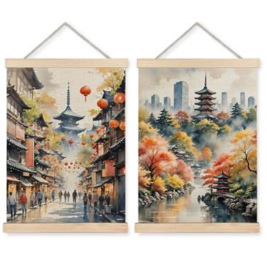 Imagem de Conjunto de 2 molduras para pôster de arte de parede de paisagem de outono japonês, impressões de decoração de parede para casa, quarto, sala de estar, 30 x 40 cm