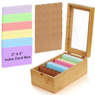 Imagem de AceOrbit Organizador de cartão de índice de bambu, caixa com suporte de cartão de índice de 7 x 12 cm com divisórias, caixa de receitas de madeira com tampa, 4 compartimentos para 1200 cartões