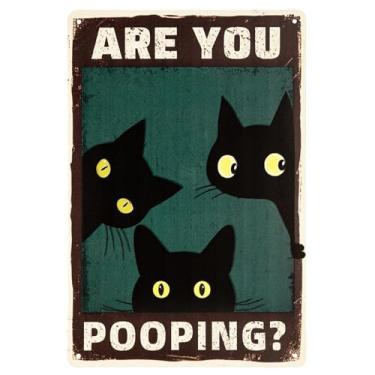 Imagem de Are YOU POOPING Sinal decorativo engraçado retro gato preto parede placas de metal para placas de quintal ao ar livre ou interior apartamento banheiro decoração pôster (cor 04)