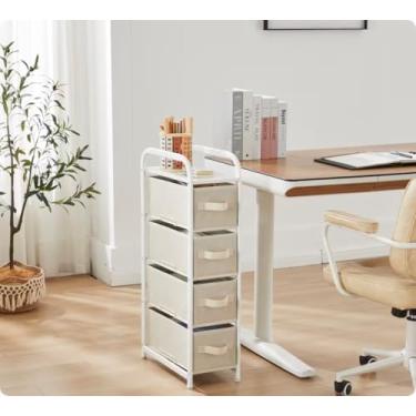 Imagem de MAX Houser Cômoda estreita com 4 gavetas de tecido, torre de armazenamento, vertical, fina, organizador de cabeceira, mesa lateral/final, organizador pequeno, gavetas removíveis, tampo de madeira para