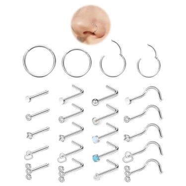 Imagem de Hoeudjo Piercing de nariz articulado, aço cirúrgico, zircônia cúbica, kit para mulheres e homens minúsculos parafusos de nariz e osso e anéis de narina em forma de L piercing joias 20-18 calibre 24