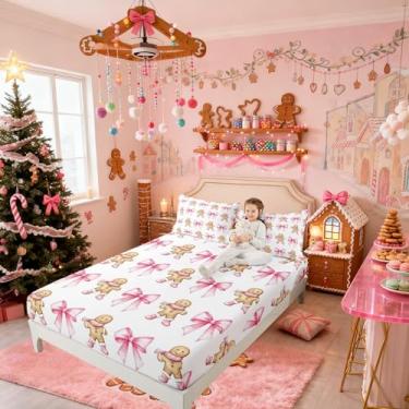 Imagem de Jogo de lençol com elástico para meninos e meninas, decoração de quarto de Natal com laço fofo de inverno, desenho animado feliz Natal, crianças, solteiro, rosa, branco e amarelo, 1 fronha (não plana)