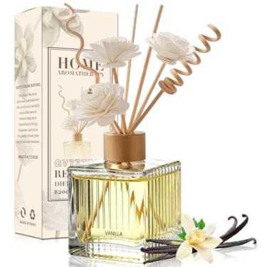 Imagem de Conjunto de difusor de palheta de baunilha de 200 ml – Frasco de vidro premium com 4 palitos de vime naturais e 3 flores secas | Aroma quente e doce para casa e escritório | Conjunto de presente de