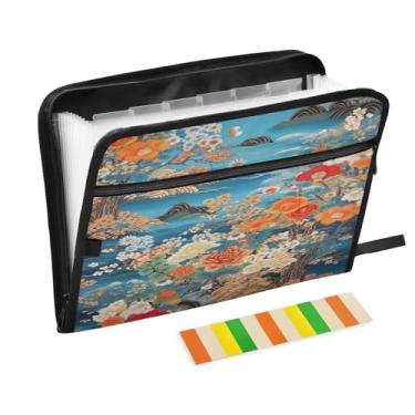 Imagem de Wassud Organizador de arquivos sanfonado com padrão laranja e azul, 13 bolsos, pastas de arquivos expansíveis com abas e adesivos, tamanho carta A4, papel para recibos, documentos, pastas