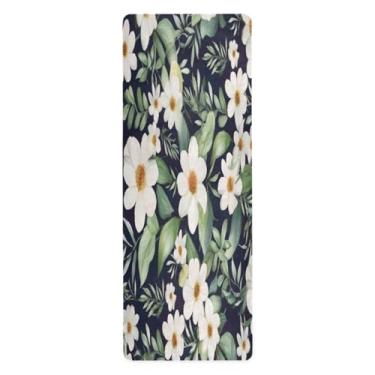 Imagem de Wassud Tapete de ioga com flores brancas e folhas verdes, tapete de exercícios dobrável, tapete de ginástica antiderrapante para mulheres e homens, tapete de ginástica de pilates com bolsa de