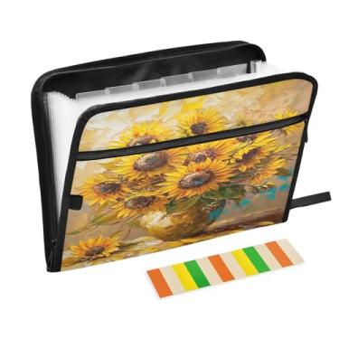Imagem de Wassud Vaso de girassol sanfonado organizador de arquivos letra A4 pastas de arquivo de papel organizador de documentos fólio com etiquetas pasta de arquivo expansível 13 bolsos