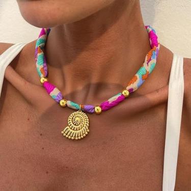 Imagem de Colar de cachecol feminino com pingente de bandana vermelho, roxo, laranja, seda, coração, sol, concha, Medium, Latão, Sem Pedra Preciosa