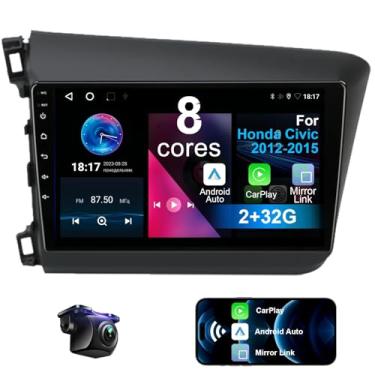 Imagem de Rádio estéreo para carro Android 13 8 Core atualizado para Honda Civic 2012 2013 2014 2015 com Carplay sem fio e Android Auto 2+32G 22.9 cm HD Touchscreen, AM/FM/RDS, câmera de reserva, SWC