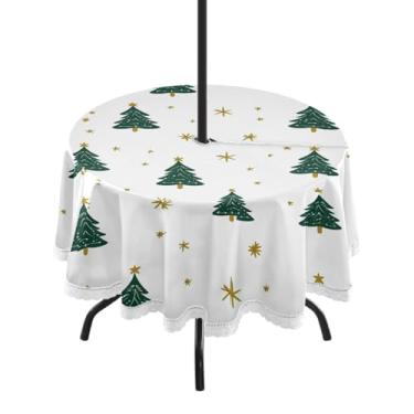Imagem de CEBUGI Toalha de mesa redonda para uso ao ar livre, árvore de Natal, impermeável, com furo Umberlla, capa de mesa lavável para pátio, cozinha, sala de jantar, 152 cm