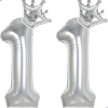 Imagem de 11 balões com números de 101,6 cm prata para decorações de aniversário de 11 anos para meninas e meninos, balões gigantes jumbo de 11 anos Mylar