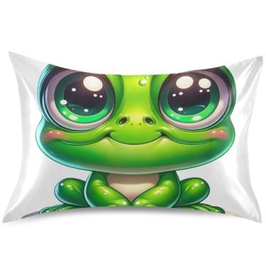 Imagem de Capas de almofada de cetim fofas de sapo de desenho animado padrão King Queen Capas de travesseiro com estampa fofa para travesseiro refrescante, tamanho Queen, 76 cm x 50 cm