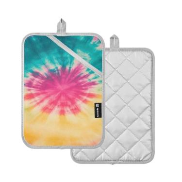Imagem de Porta-panelas de pano felpudo amarelo quente tie dye, pacote com 2 luvas quentes para cozinha, antiderrapante, almofadas quentes