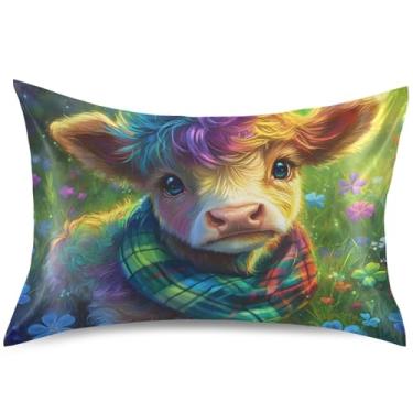 Imagem de Linda capa de almofada de cetim de vaca Highland St Shamrock padrão King Queen Capas de travesseiro fofas capas de travesseiro de cama macias, tamanho padrão, 66 cm x 50 cm